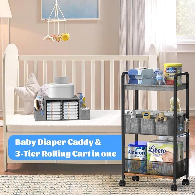 2In1 Baby Diaper Caddy & 3-Tier Rolling Diaper Cart, Caddy Organizer Cart with Dividers, Mobile Metal Bedside Carts for Baby Essentials, Rolling Carts for Newborn Nursery with Wheels, Large Capacity - Image 4