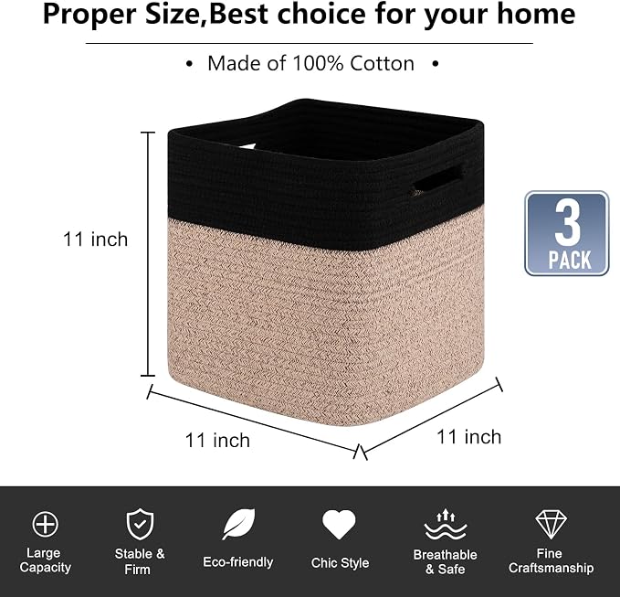 OIAHOMY Cube Storage Basket, 3-Pack Woven Cotton Rope Baskets for Storage, 11-Inch Cube Basket with Handles, Great for Shelves, Closets, Children's Toy Storage and Organization-Black & Brown - Image 3