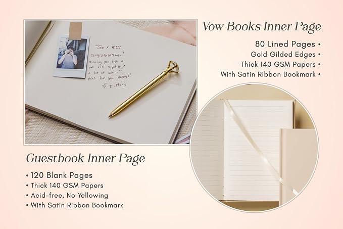 Personalized Wedding Book Set with Guestbook Vow Books (Design 1) - Custom Large 11.5 x 8.5 Guest Signin Book, 5.75 x 4 Vow Books for Marriage Ceremony Reception, Gift for Engaged Couple, Oats - Image 3
