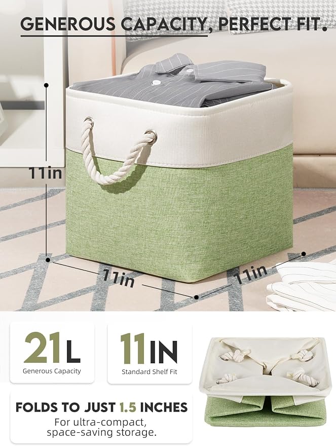 Temary 11 Inch Cube Storage Bins - 6 Pack Foldable Fabric Storage Baskets with Soft Rope Handles, Sturdy Organizer Cubes with Metal Frame for Shelves, Closet, Office & Home Organization (White&Green) - Image 2