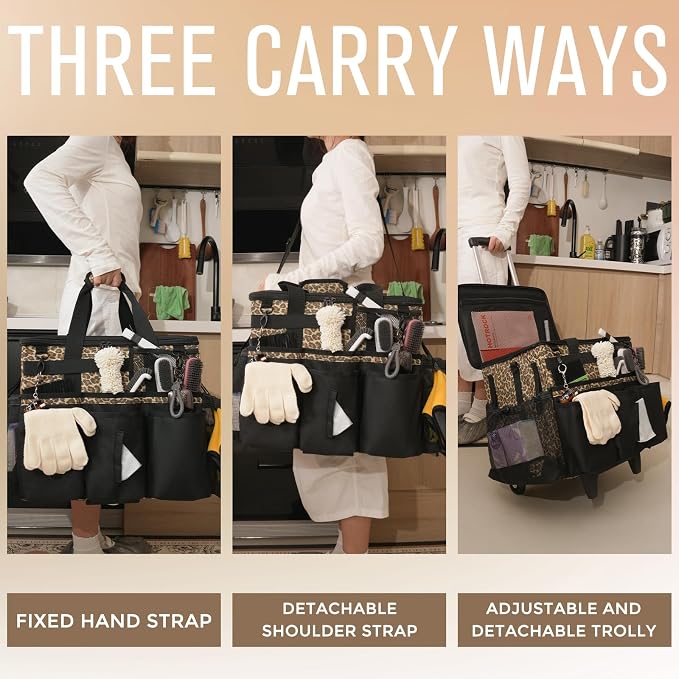 SCAVATA Rolling Cleaning Caddy Bag with Detachable Trolley & Wheels | Large Cleaning Supply Organizer, Portable Multi-Pocket Cleaning Cart for Housekeeper, Adjustable Shoulder Strap, Leopard - Image 6
