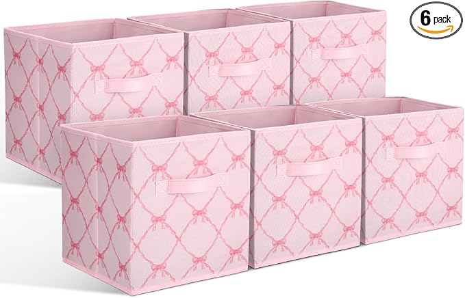 6 Pcs Light Pink Bow Cube Storage Bins 11 Inch Storage Basket | Preppy Girls Organizer Basket with Handle, Collapsible Fabric Box for Classroom Bedrooms Office Home Decoration Gift by Geelin