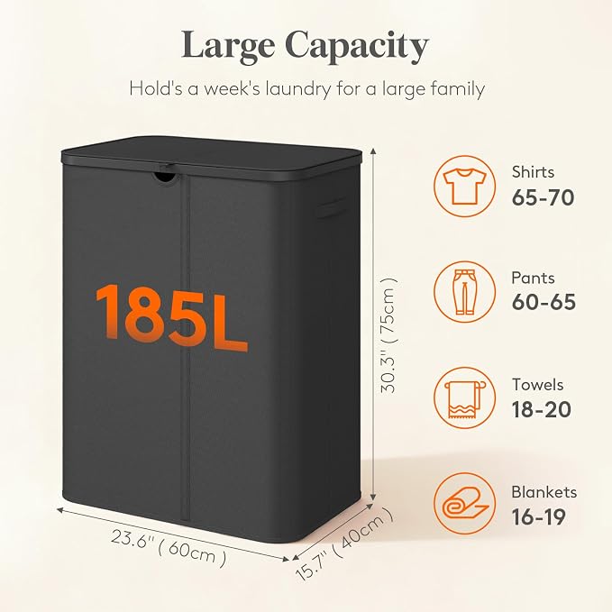 Lifewit 185L 3 Section Laundry Hamper with Lid, Laundry Basket, Black | Large Foldable Laundry Sorter with 3 Removable Bags, Tall Clothes Hamper for Bedroom and Bathroom - Image 2