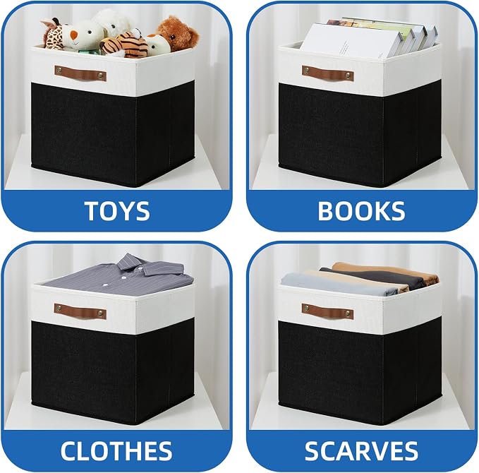 Temary Fabric Storage Bin 4 Pack Cube Storage Bin for Shelf Fabric Cube Storage Basket 13 Inch Cube Storage Bins Foldable Storage Cubes with Leather Handles(White&Black) - Image 4