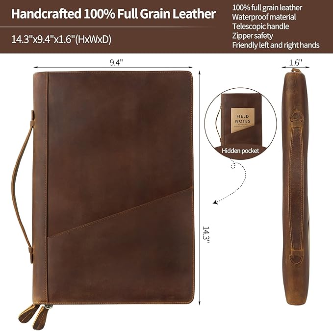 Genuine Leather Portfolio Organizer for Men Women with Handle, Full Grain Leather Padfolio Folder with Zipper Business Resume Portfolio for 12.9" iPad, Brown, RS118 - Image 2