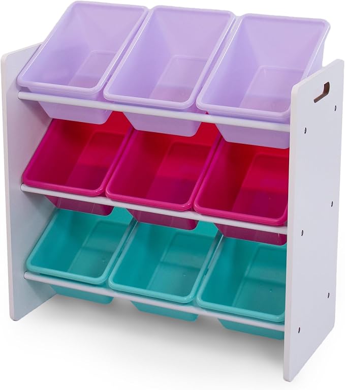 Humble Crew Kids Toy Organizer with 9 Bins, 3 Tier Storage for Playroom | Sturdy wood and steel toddler shelf, removable BPA-free containers, wall anchor anti-tip safety kit for bedroom or classroom by HumbleCrew