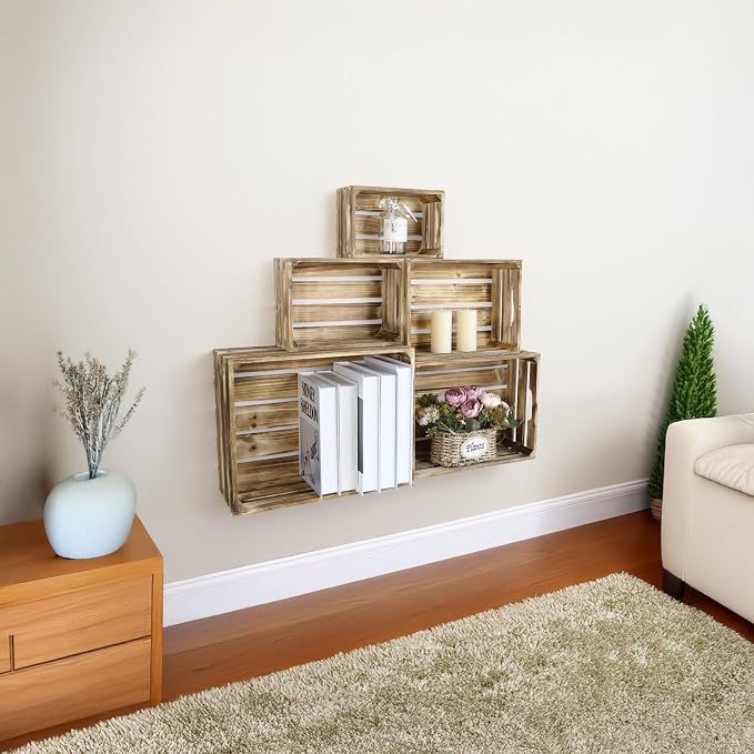 Set of 5 Large Wooden Crates, Nesting Storage Crate with Handles, Rustic Torched Brown Farmhouse Wooden Crates for Display, Wedding Birthday Home Party Living Room Kitchen Decoration - Image 7