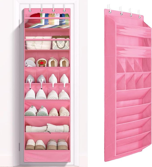 1 Pack 8 Shelves Over The Door Shoe Organizer, 68" Exlarge Deep Pockets | Hanging Shoe Organizer, Shoe Rack for Closet, Shoe Holder for Boots, Sneakers, Heels, Over Door Organizer in Home, Dorm, Pink by Fentec