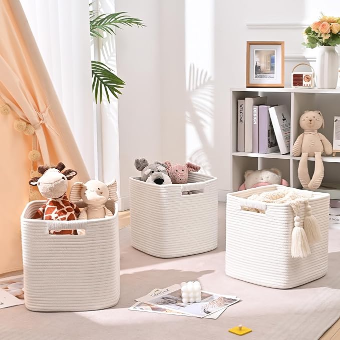 13 Inch Storage Cubes, 3 Pack Cube Storage Bins for Organizing, Cotton Rope Woven Baskets for Shelves, Bathroom, Kids Room, Closets, Baby Nursery - Image 3