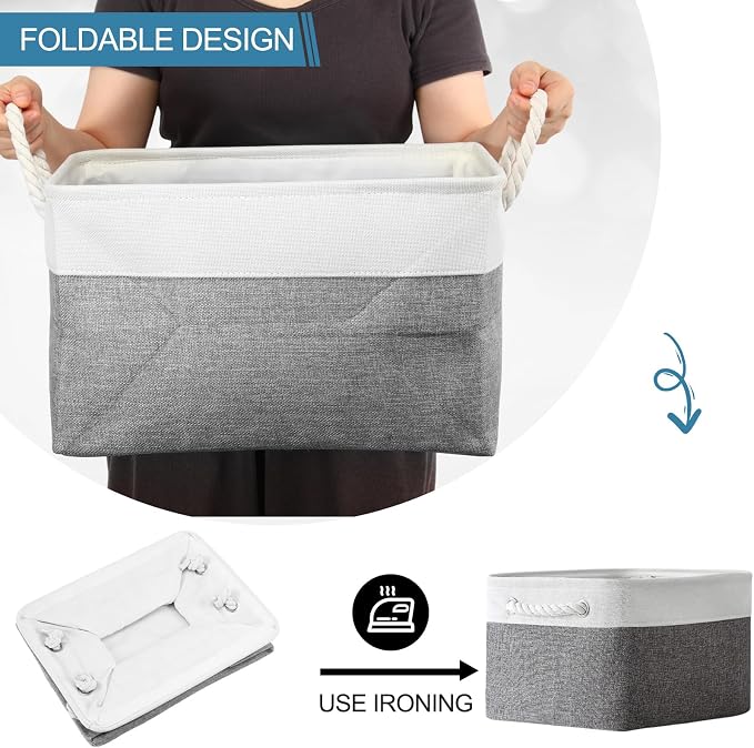 FoldTier 10 Pack Large Collapsible Fabric Storage Baskets with Handles Decorative Storage Bins for Organizing Shelves Toys Clothes(White & Gray,16 x 12 x 10 Inches) - Image 3
