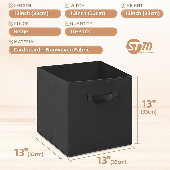 STORAGE MANIAC Storage Cubes, 13 Inch Collapsible Storage Bins with Handles, 10 Pack Fabric Foldable Bins for Organization, Durable Storage Bins for Closet, Shelves, Offices, 10-Pack Black - Image 4