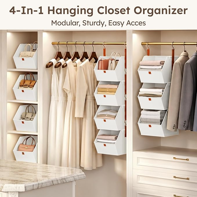 Hanging Closet Organizer 4 Tier - Clothes Hanging Shelves, Space-Saving Closet System, Fabric Storage Bins Bedroom Organization, Collapsible Baskets for Home, Dorm, Rv, White - Image 4