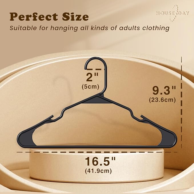 HOUSE DAY Black Plastic Hangers 100 Pack, Slim Space Saving Clothes Hangers | Durable Hangers for Shirts, Coats, Pants and Dresses, Non-Slip Notches Hold Straps, Bulk Pack for Whole-Home Closet Storage - Image 2