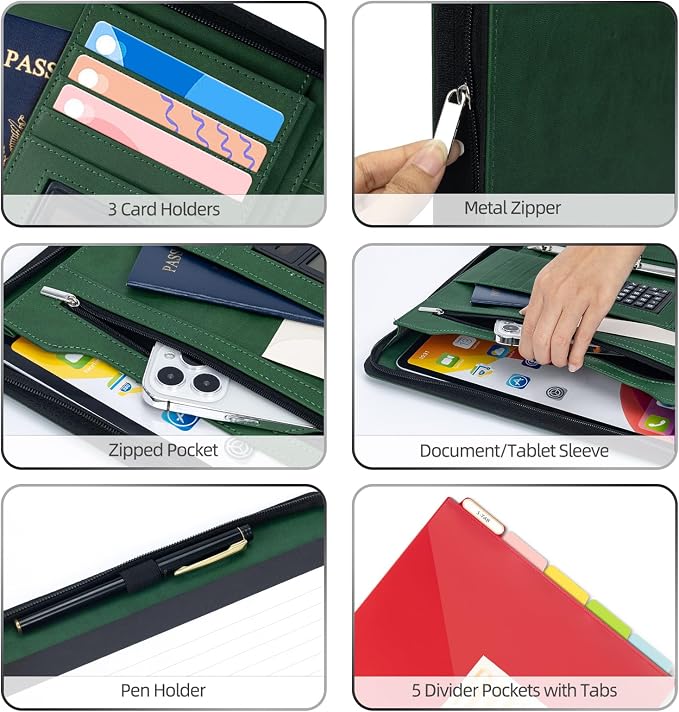 Ospelelf Green Clipboard with Storage 3 Binder Leather Portfolio Folder with Zipper, 12.1” Tablet Sleeve, 5 Dividers with Pocket, Refillable Notepad, Card Slot - Image 4