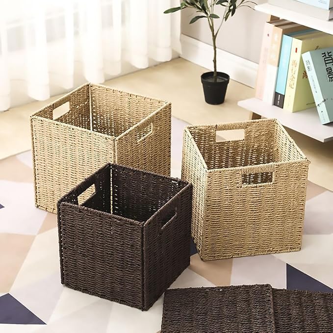 5Pcs Woven Shelf Baskets, 10.5'' Paper Rope Handmade Open Storage Bins, Dark Brown Pantry Baskets Organization Basket Foldable Storage Bins for Bedroom, Cubby Cubes Wicker Basket with Handles - Image 6