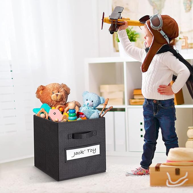 13x13x13 storage cube bins(Set of 8) Fabric storage cubes with 8 Labels Window Cards & a Pen,storage cubes 13x13,storage bin,Collapsible 13 inch cube storage bins,Cubby Organizer Boxes,Black - Image 5