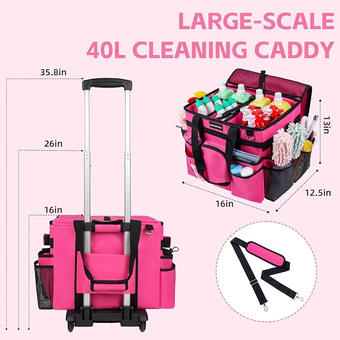 Large Rolling Cleaning Caddy Bag, Cleaning Caddy with Wheels with Detachable Trolley for Housekeepers, Water Resistant Cleaner Supplies Organizer with Wheels for Kitchen, Car, Picnic (Rose-Red) - Image 2