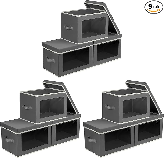 Storage Bins with Lids - Fabric Storage Boxe with Window, Collapsible Closet Organizers with Handles, 9 Pack Decorative Bin, Home Cubes Baskets for Clothes, Hat, Books, Dark Grey by Homsorout