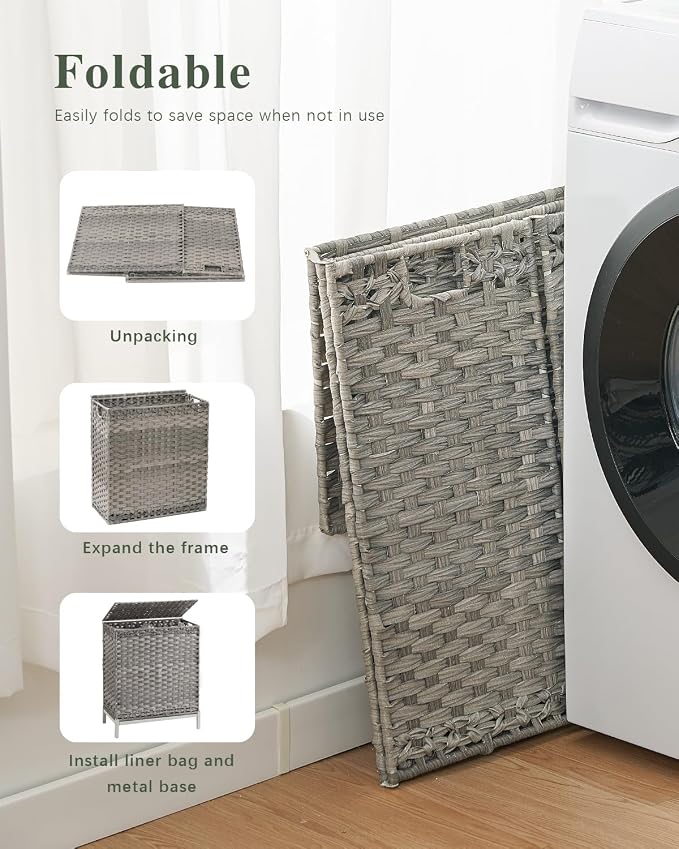 SETVSON Laundry Hamper with Lid, 112 L Handwoven PE Rattan Wicker, Gray | 2-Section Large Basket, 2 Removable Liner Bags, Heightened Metal Feet, 6 Mesh Laundry Bags, Foldable Side Handles - Image 6