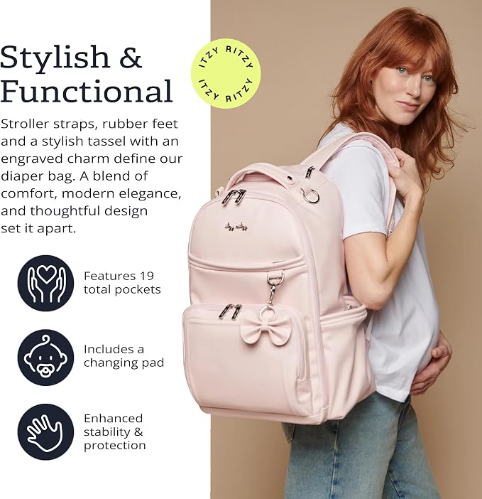 Itzy Ritzy Boss Plus Diaper Bag Backpack with 19 Pockets (Ribbons & Bows) | Large Diaper Bag Backpack Includes 2 Insulated Bottle Pockets, Changing Pad, Stroller Clips, Padded Straps, Travel-Ready - Image 2