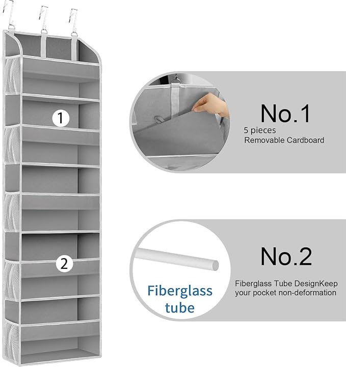 TAHAVICE 2 Pack Over the Door Storage Organizer, 5 Large & 10 Mesh Pockets | Hanging Storage Organizer with 40lb Capacity and Door Storage Space Saving for Bedroom,Bathroom,Nursery,Babyroom(Light Gray) - Image 5