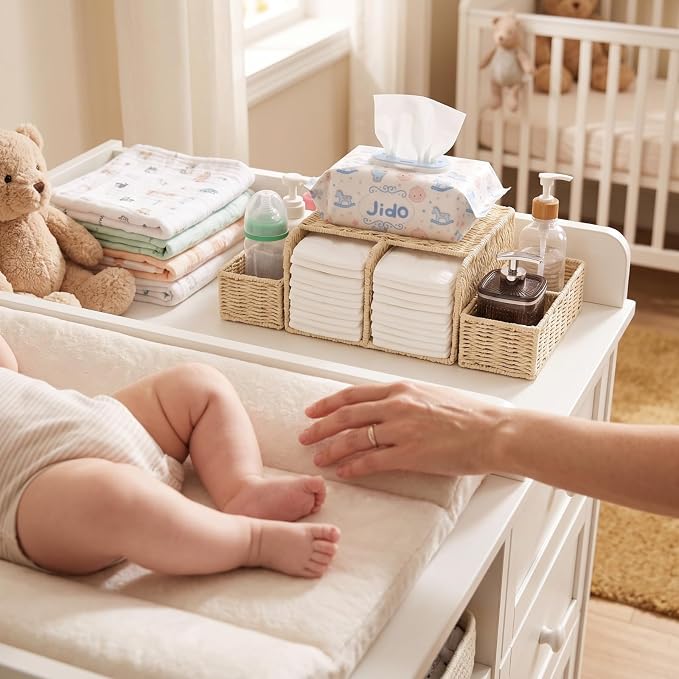 Large Wicker Diaper Caddy Organizer, Detachable Modular Changing Table Organizer for Nursery, Woven Diaper Storage Dispenser Basket for Nursery Diapering Baby Essentials Gift(White,Paper) - Image 6