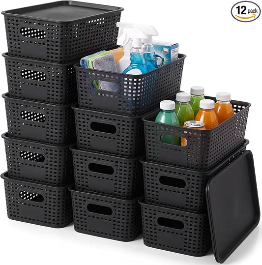12 Pack Plastic Storage Baskets with Lids Stackable Organizing Bins Storage Baskets Organizers and Containers for Closet, Pantry, Office, 10.2 x 7.2 x 4.1 Inches(Black) by Remerry