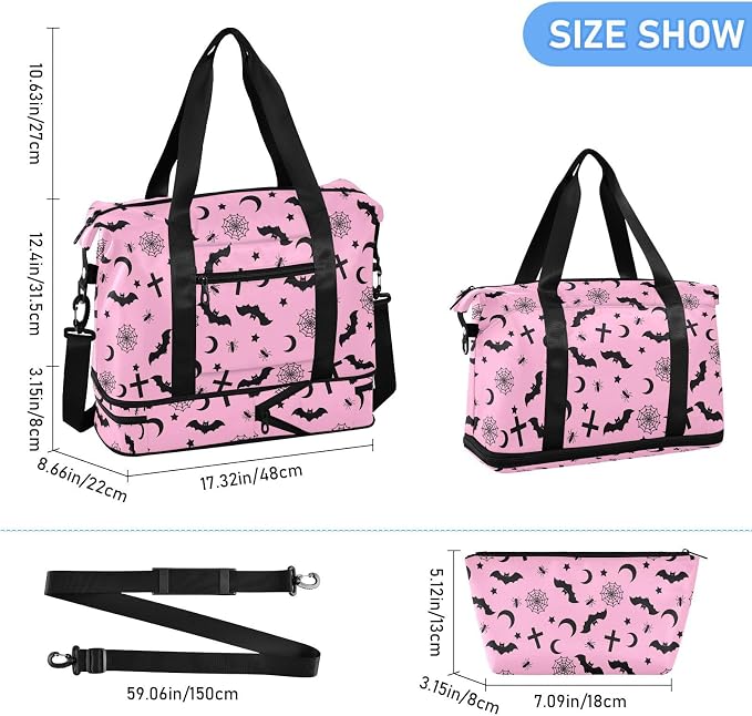 Gothic Pink Travel Duffel Tote with Bats - Sports Weekender Overnight Gym Carry On Hospital Bag for Women & Men - Image 2