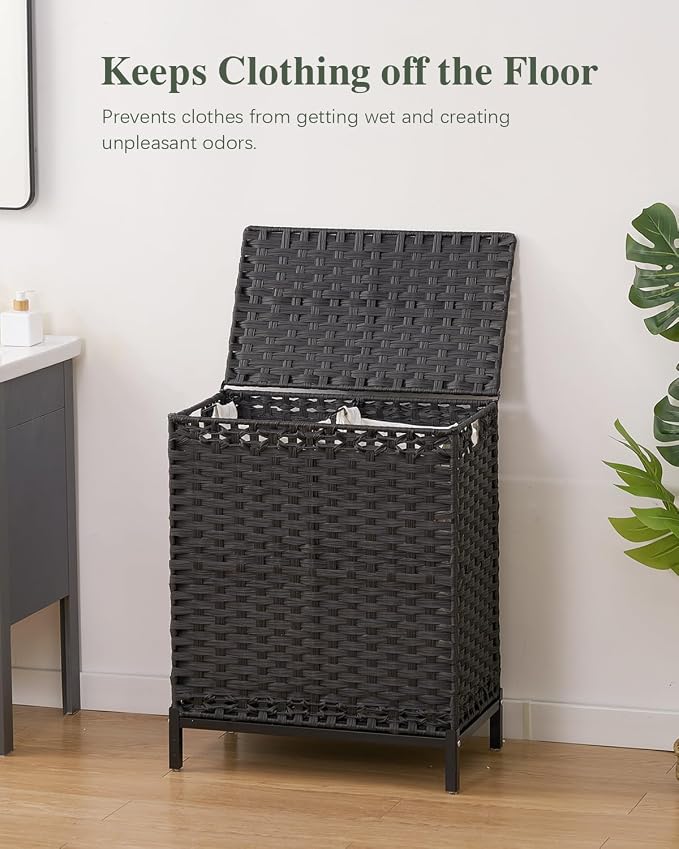 SETVSON Laundry Hamper with Lid, 112 L PE Rattan Woven Bin, Black | Decorative Furniture Look for Bedroom & Bathroom, 2-Section Sorting Hamper with Lid, 2 Liners, 6 Bags, Metal Feet - Image 2