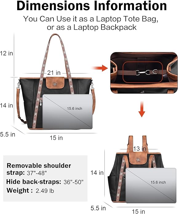 Large Laptop Tote Bag for Women Designer Leather Laptop Bag, 15.6in | Fashion Travel Backpack Purse Shoulder Handbag Fits 15.6 Laptop, Daily, Work, Business Trip, Weekend Travel, Teacher - Image 3