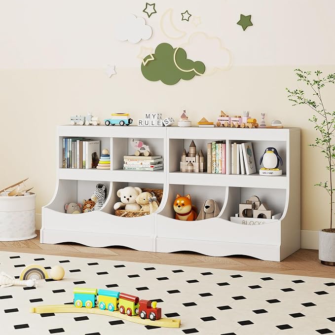 HONEY JOY Kids Toy Storage Organizer, 4-Cubby Wooden Bookcase Cabinet, 2-Tier Open Daycare Shelf for Preschool, Kids Display Bookshelf for Bedroom, Playroom, Classroom & Nursery (White) - Image 2