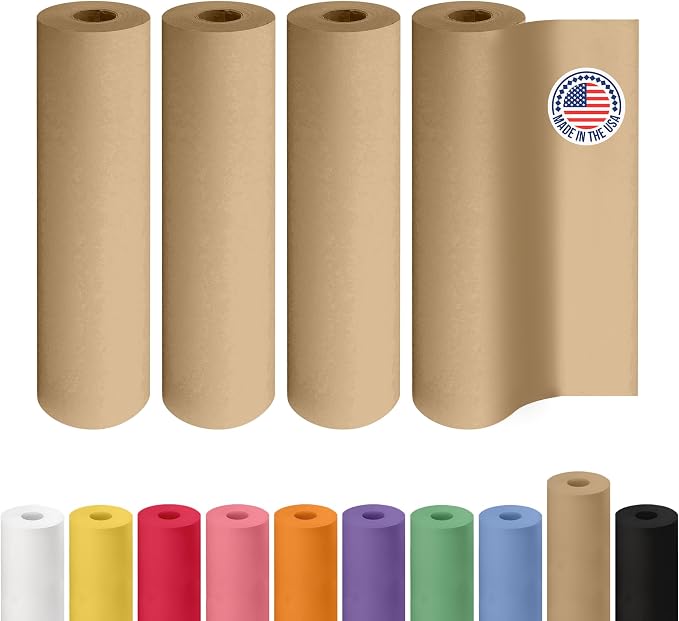 12" x 2160" (180 ft) Brown Kraft Paper Roll, Pack of 4 - USA-Made Quality Craft Paper for Gift Wrapping, Kids' Arts & Crafts, School Projects - 100% Recycled, 30 lb Natural Material by IDL Packaging by IDLPackaging