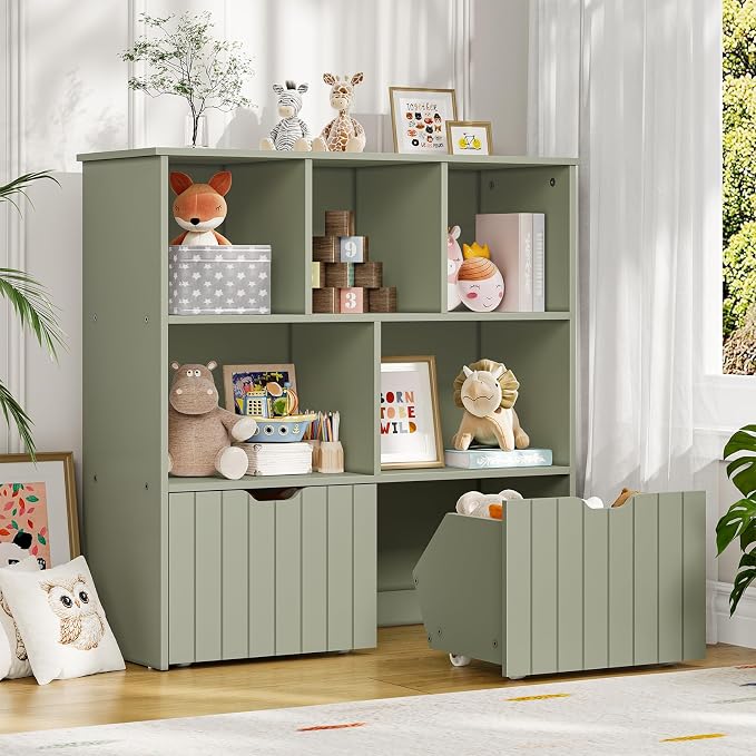 HOOBRO Toy Storage Organizer, Toy Organizers and Storage with 2 Movable Drawers and 5 Cubbies, Toy Chest Shelf for Books or Dolls, Kids Bookshelf and Toy Storage for Playroom, Green GN88CW01 - Image 4