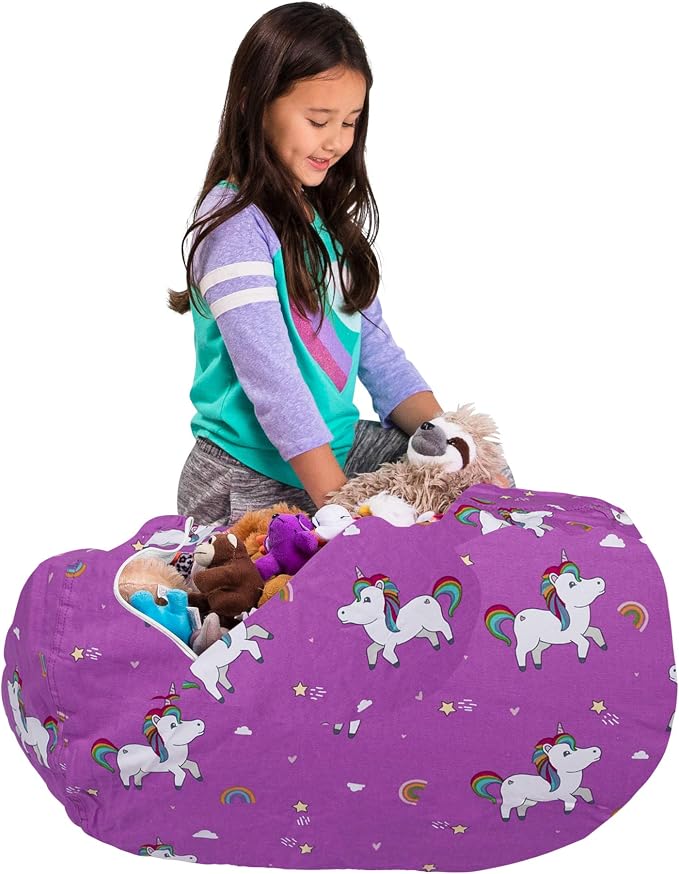 Posh Creations Kids Stuffed Animal Storage Bean Bag Chair Cover - Childrens Toy Organizer, Large-38in, Canvas Unicorn and Rainbows on Purple - Image 5