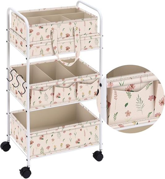 Yookeer 2in1 Baby Diaper Caddy Organizer Cart 3 Tier Large Capacity Metal Utility Bedside Rolling Cart with Divider Newborn Registry Gift Nursery Essential Must Have Bedroom Baby Shower(White,Flowers) by Yookeer