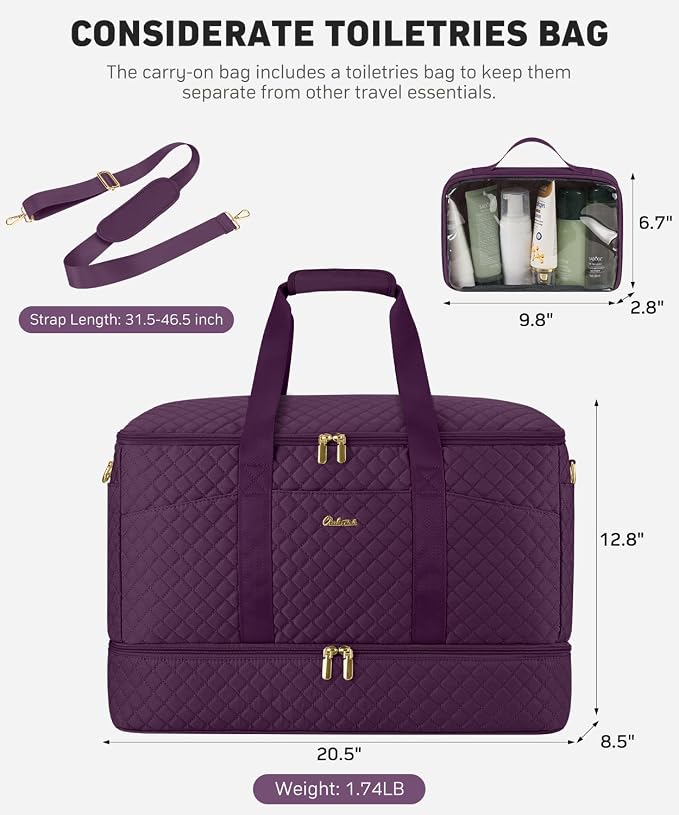 Duffle Bag for Travel, 40L Weekender Bag with Shoe Compartment, Carry On Overnight Bag for Women with Toiletry Bag Duffel Bags with Wet Pocket for Gym Hospital Bags for Labor and Delivery Dark Purple - Image 5