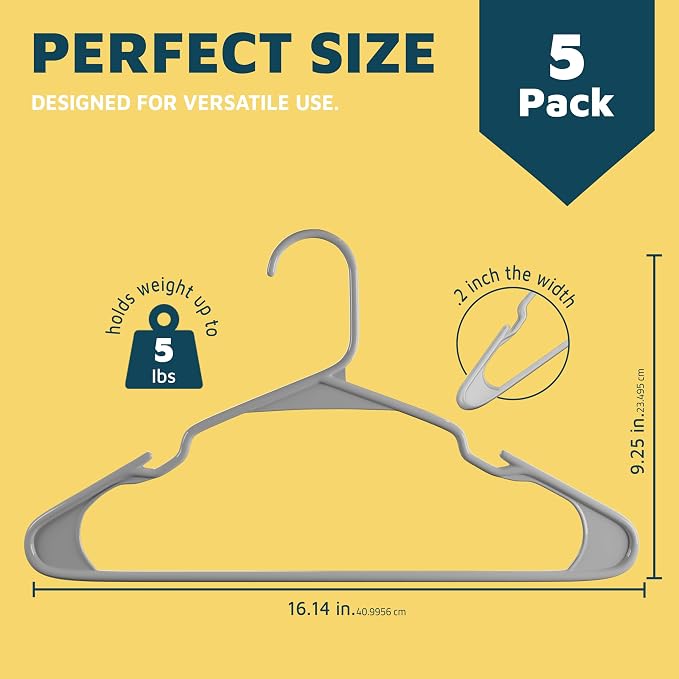 Lifemaster Plastic Clothes Hangers – Heavy Duty Hanger Set, for Organizing Clothes, Dresses, and Coat, Holds Up to 5 lbs, Space-Saving Hangers with Non-Slip Shoulder Grooves, Pack of 5, Gray - Image 2
