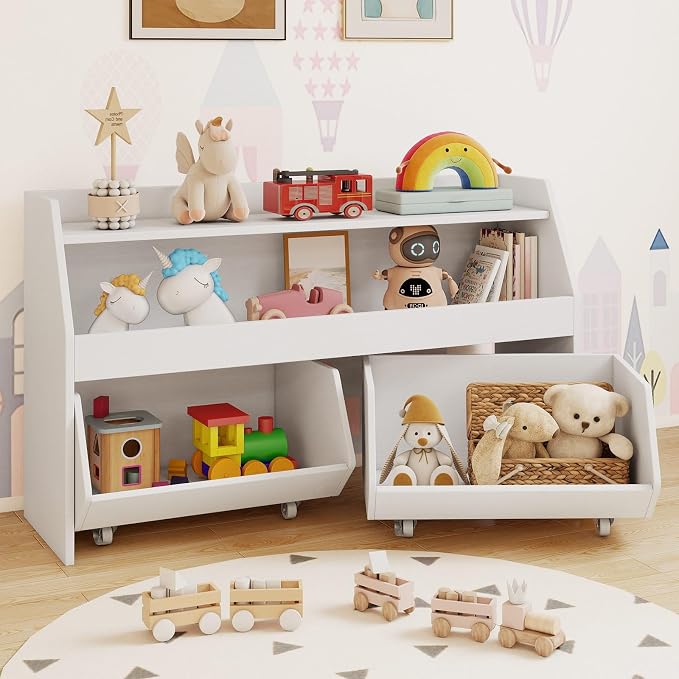 Costzon Toy Storage Organizer for Kids, Toy Cabinet w/ 2 Rolling Drawers, Lockable Wheels, Open Shelf & Anti-toppling Kit, Toddler Toy Shelf for Playroom, Kids’ Room, Nursery, Daycare (White) by Costzon
