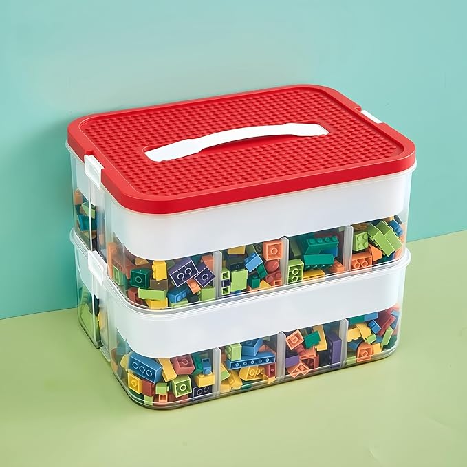 Toys Organizer Storage Case for Lego Box Kids Toy Stackable Building Blocks with Lids Bins Adjustable Lego Storage Containers Plastic Toy Box Red 2 Layers by joyingbaby