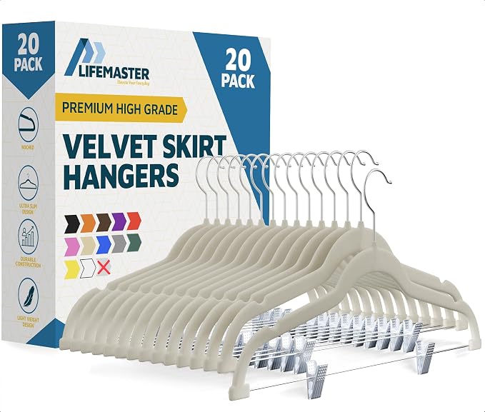 Lifemaster Velvet Skirt Hangers – with Adjustable Clips, 360 Degree Swivel Hook, and Non-Slip Shoulder Notch, Holds Up to 10 lbs, for Organizing Skirt, Pants, Dress, and Clothes, Pack of 20, Ivory by LIFEMASTER
