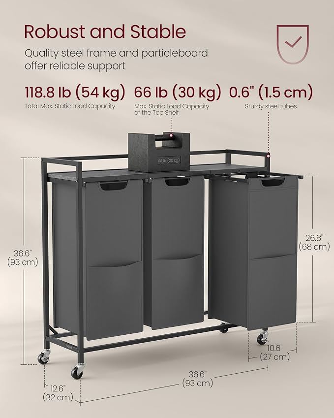 VASAGLE Laundry Sorter, 43.5 Gal. (165 L) Laundry Hamper Basket with 3 Compartments, Rolling Cart with Wheels, Shelf, Removable Bags, Pockets, Slate Gray and Charcoal Gray UBLH031G01 - Image 6