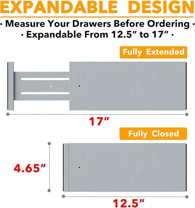 SpaceAid Bamboo Dresser Drawer Dividers 6 Pack, 4.65“ High Adjustable 12.5“-17” Drawer Organizers, Expandable Organization for Clothing, Clothes, Dressers, Gray - Image 3