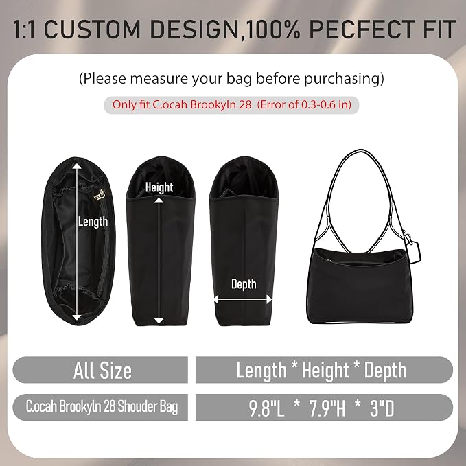 Brooklyn 28 Bag Insert, Purse Organizer Insert for Coach, Nylon Black | Waterproof Nylon For Coach Brooklyn Shoulder Bag 28, Lightweight, 5 Compartments Zipper Pocket, Elastic Holders - Image 2