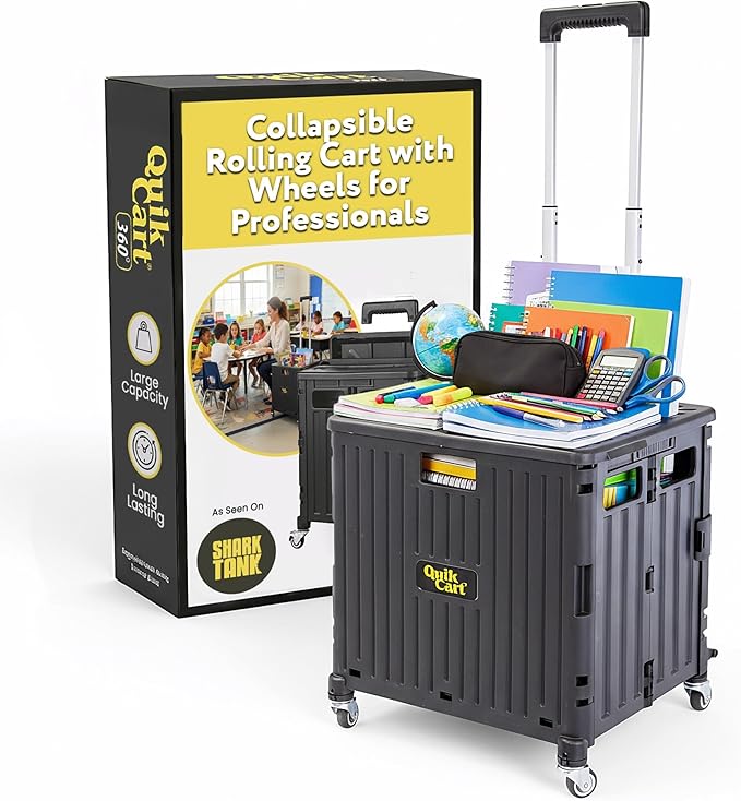 dbest Products Quik Cart 360 Collapsible Rolling Crate on Wheels - Black | 80 lbs Capacity, 360 Spinner Wheels, Telescoping Handle, Folding Portable Utility Cart with Seat by dbestproductsInc