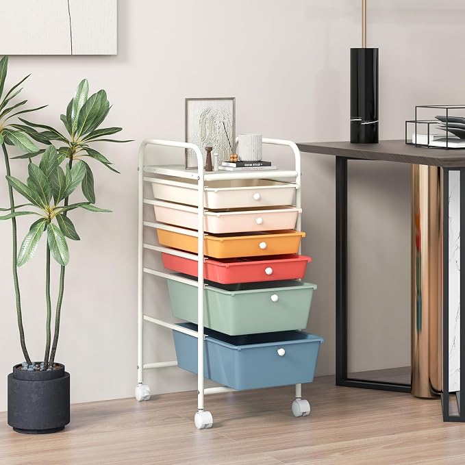GOFLAME 6-Drawer Rolling Storage Cart, Multifunctional Art Craft Organizer Cart, Mobile Utility Storage Cart with Removable Drawers & Lockable Wheels, Craft Cart for Home Office, Macaron Color - Image 8