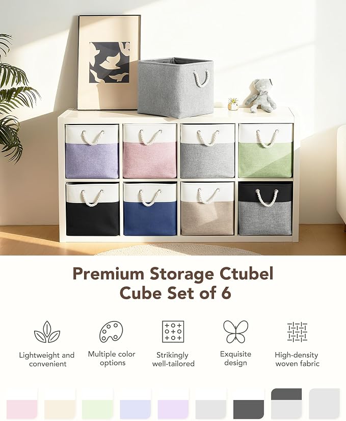13x15x13 Inch Large Storage Bins with Cotton Rope Handles 6-Pack | Foldable, Top support of metal frame, Bottom with Cardboard Support, Fabric Cube Storage Bins for Closet, White Khaki - Image 7