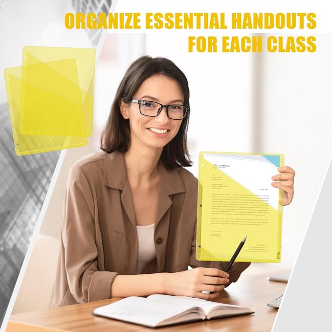 Seajan 48 Pcs Binder Pocket Folders, Clear 3 Ring Binder, Yellow | Plastic Folders Sleeves with 2 Pockets, Poly Slash File Jackets, 3 Hole Punched Dividers for School, Office, Documents - Image 5
