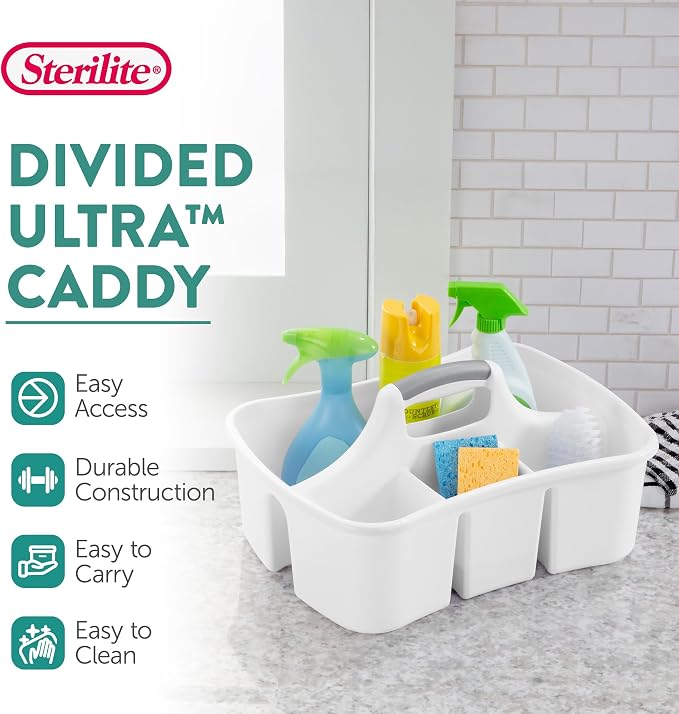 Sterilite Divided Ultra Caddy, Plastic, Portable Storage to Hold Bathroom and Cleaning Supplies, 5 Large Compartments and Handle, White, 12-Pack - Image 2