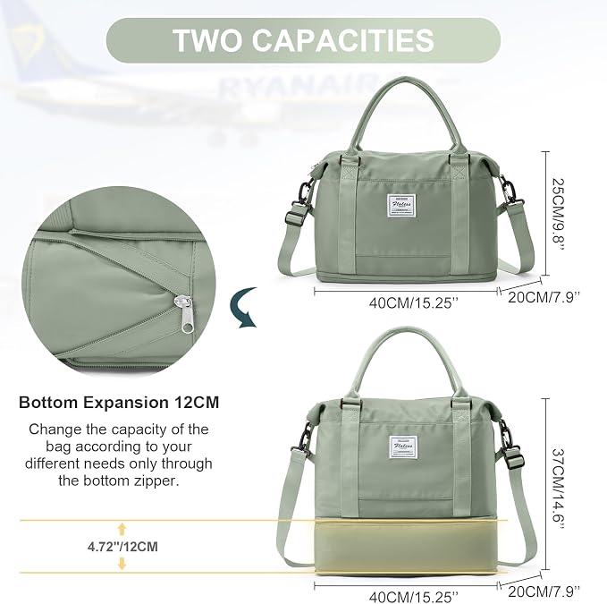 Travel Duffel Weekender Bag Women Tote Carry On Bags With Shoe Compartment | 18x14x8 inches Travel Overnight Bags with Trolley Sleeve for Airplanes Sport Tote Gym for Men Lightweight Daypack-BeigeGreen - Image 4