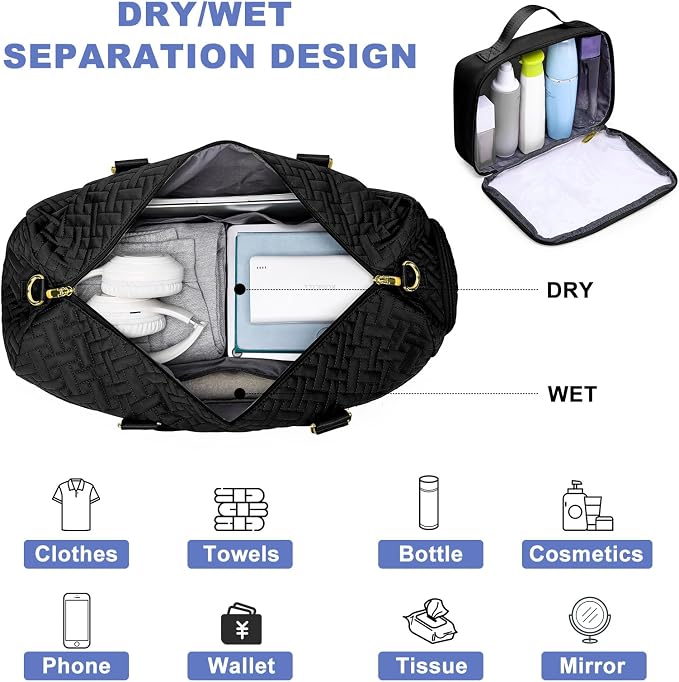 Women Weekender Travel Duffle Bag: Travel Duffel Overnight Bags with Shoe Compartment Large Carry on Tote with Toiletry Bag Weekend Traveling Yoga Gym Hospital Bag for Women with Wet Pocket Black - Image 7